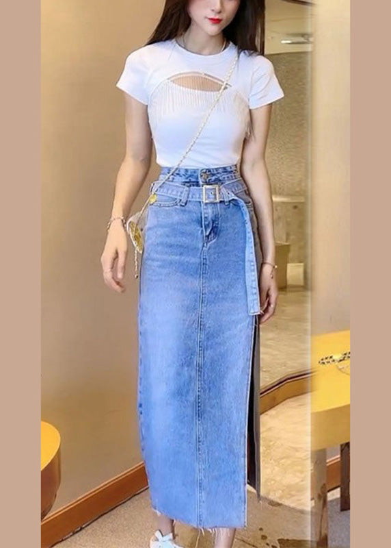 Casual Blue Patchwork Sashes Side Open Denim Maxi Skirt TY1082