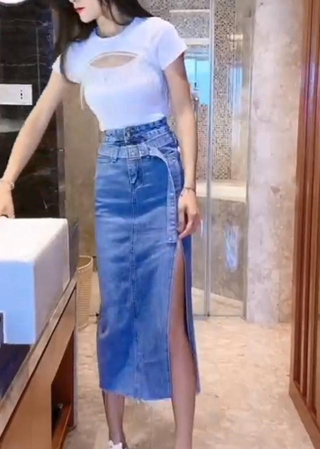 Casual Blue Patchwork Sashes Side Open Denim Maxi Skirt TY1082