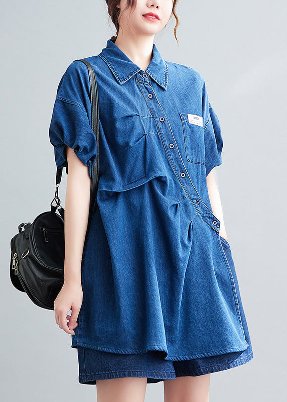 Casual Blue Peter Pan Collar Cotton Shirts And Shorts Two Pieces Set Summer LY0639