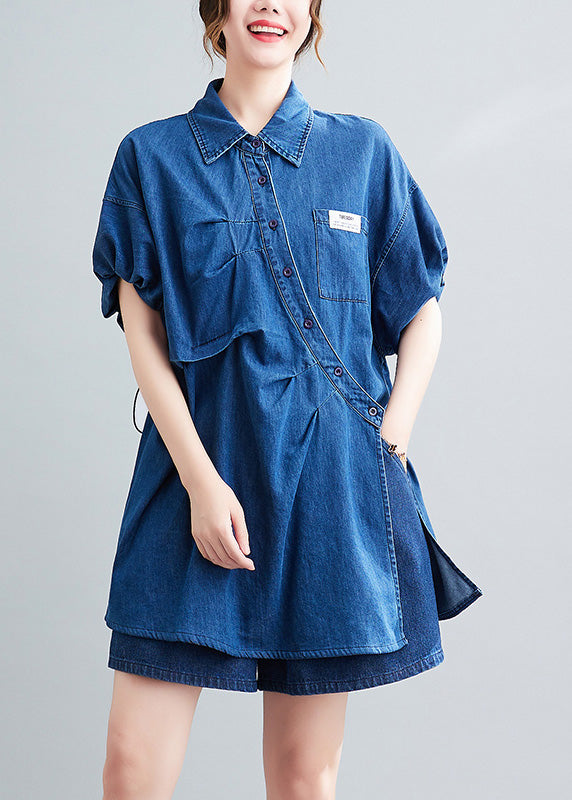 Casual Blue Peter Pan Collar Cotton Shirts And Shorts Two Pieces Set Summer AC2063