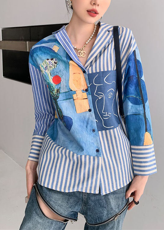 Casual Blue Peter Pan Collar Striped Print Cotton Shirts Spring LY0759