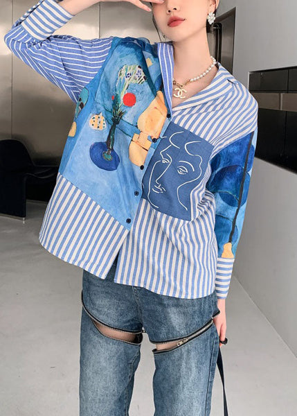 Casual Blue Peter Pan Collar Striped Print Cotton Shirts Spring LY0759