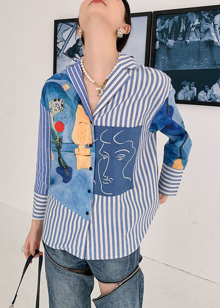 Casual Blue Peter Pan Collar Striped Print Cotton Shirts Spring LY0759