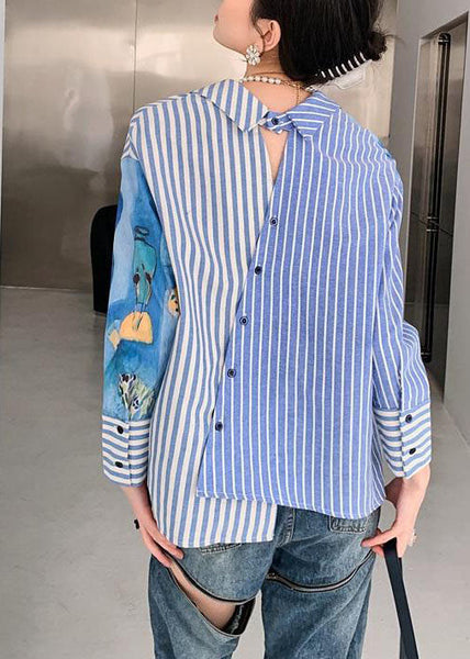 Casual Blue Peter Pan Collar Striped Print Cotton Shirts Spring LY0759