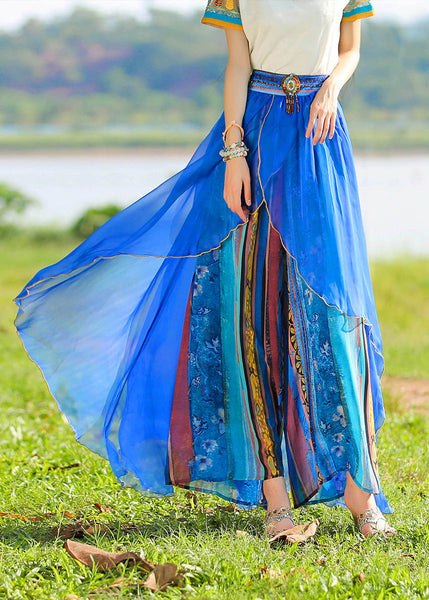 Casual Blue Print Elastic Waist Chiffon Holiday Pants Skirt Summer LY0188