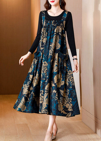 Casual Blue Slash Veck Print Top And Slip Dress Two Piece Set Summer AC2039