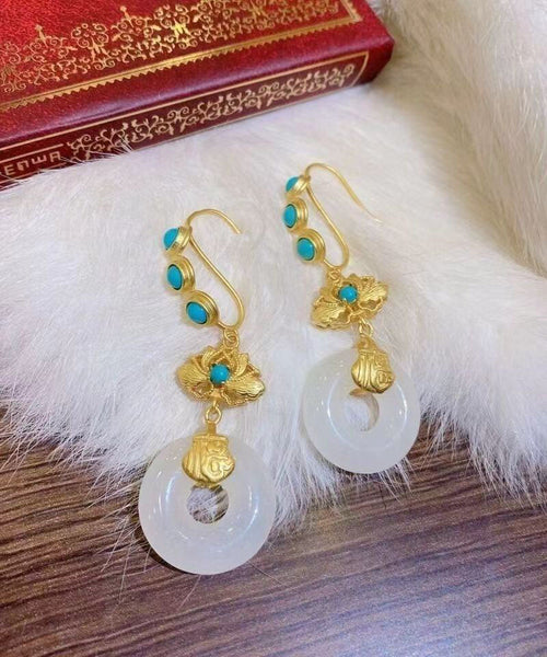 Casual Blue Sterling Silver Overgild Inlaid Pearl Turquoise Drop Earrings TW1039