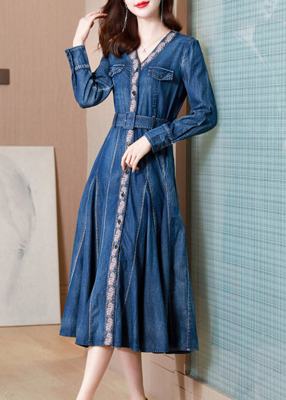 Casual Blue V Neck Print Button Sashes Silk Denim Maxi Dresses Long Sleeve AC2017