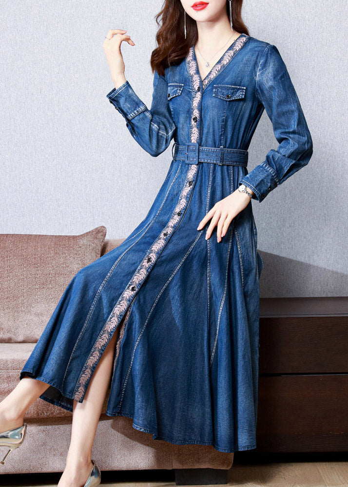 Casual Blue V Neck Print Button Sashes Silk Denim Maxi Dresses Long Sleeve AC2017