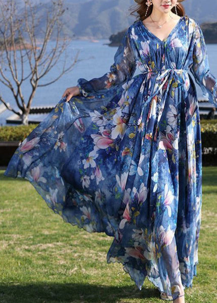 Casual Blue V Neck Print Tie Waist Chiffon Long Dress Long Sleeve LY1725