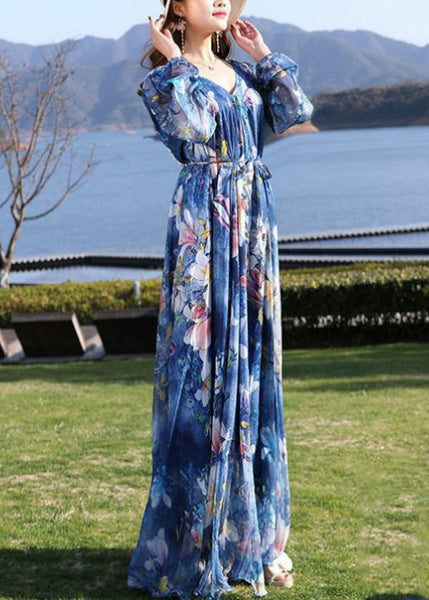 Casual Blue V Neck Print Tie Waist Chiffon Long Dress Long Sleeve LY1725