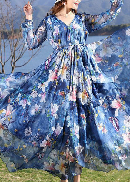 Casual Blue V Neck Print Tie Waist Chiffon Long Dress Long Sleeve LY1725