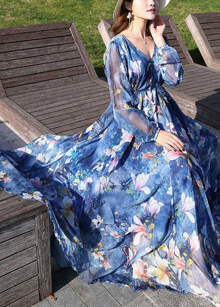 Casual Blue V Neck Print Tie Waist Chiffon Long Dress Long Sleeve LY1725