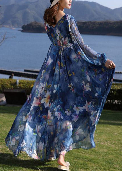 Casual Blue V Neck Print Tie Waist Chiffon Long Dress Long Sleeve LY1725