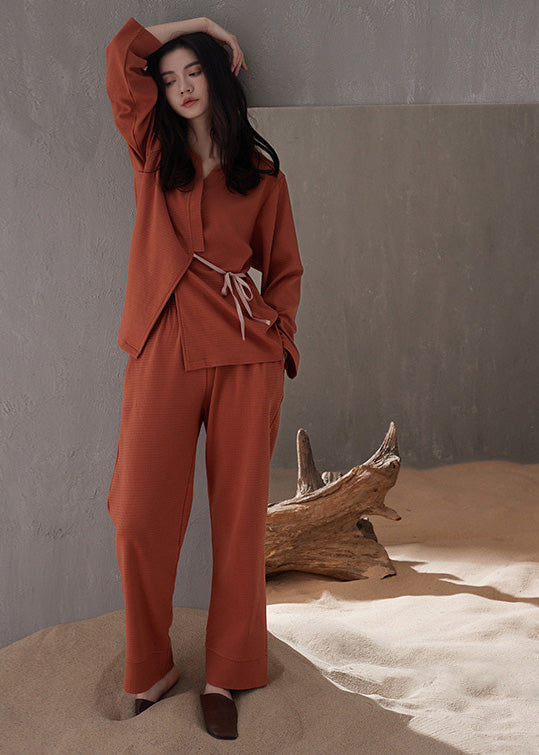 Casual Brick Red V Neck Tie Waist Cotton Pajamas Two Pieces Set Spring TO1053