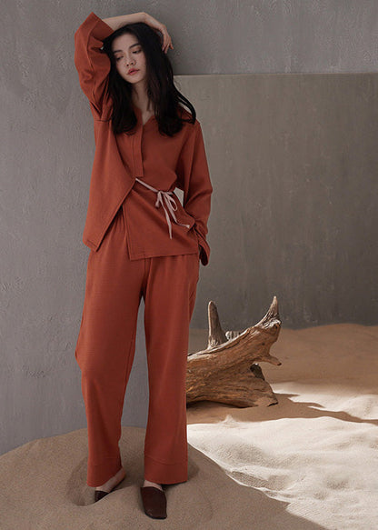 Casual Brick Red V Neck Tie Waist Cotton Pajamas Two Pieces Set Spring LY1861