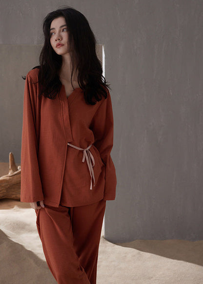 Casual Brick Red V Neck Tie Waist Cotton Pajamas Two Pieces Set Spring LY1861