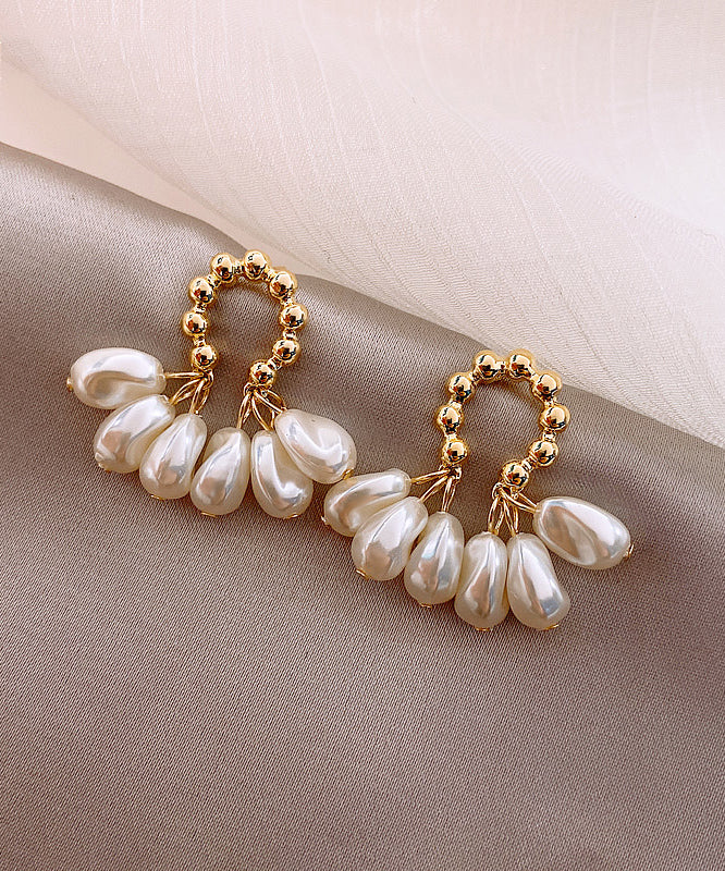 Casual Champagne Alloy Pearl Hoop Earrings LY1808