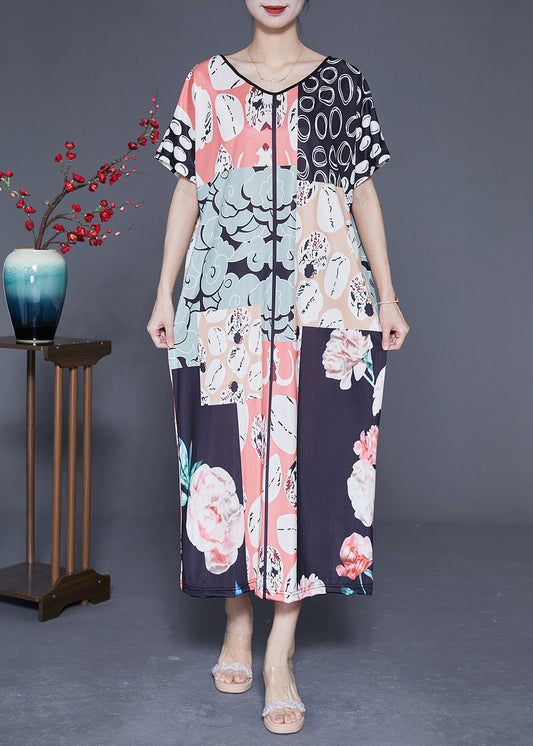 Casual Colorblock V Neck Print Silk Vacation Dresses Summer LY1848