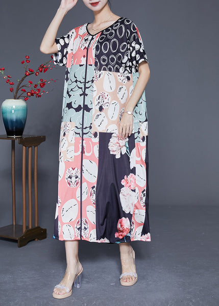 Casual Colorblock V Neck Print Silk Vacation Dresses Summer LY1848