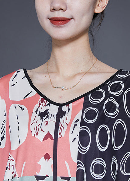 Casual Colorblock V Neck Print Silk Vacation Dresses Summer LY1848