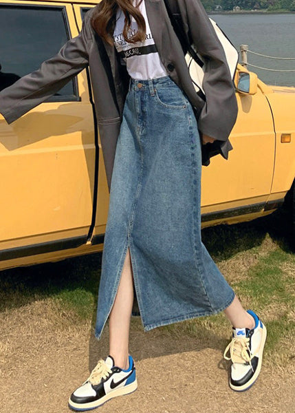 Jupe trapèze patchwork bleu denim décontracté taille haute été TY1026