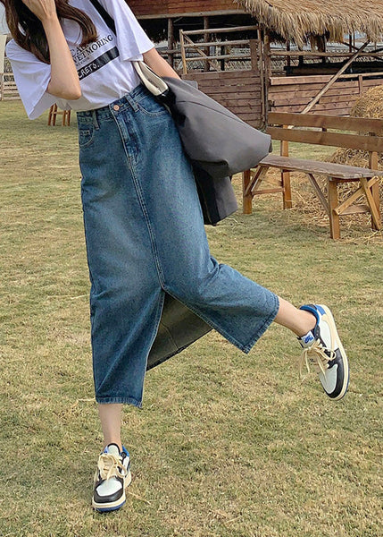 Jupe trapèze patchwork bleu denim décontracté taille haute été TY1026