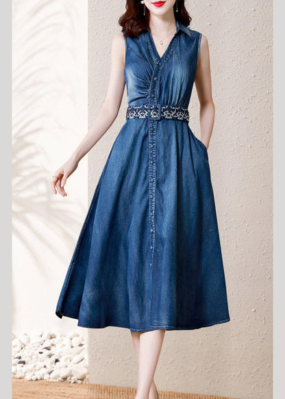 Casual Denim Blue V Neck Button Sashes Cotton Party Long Dress Summer AC2043