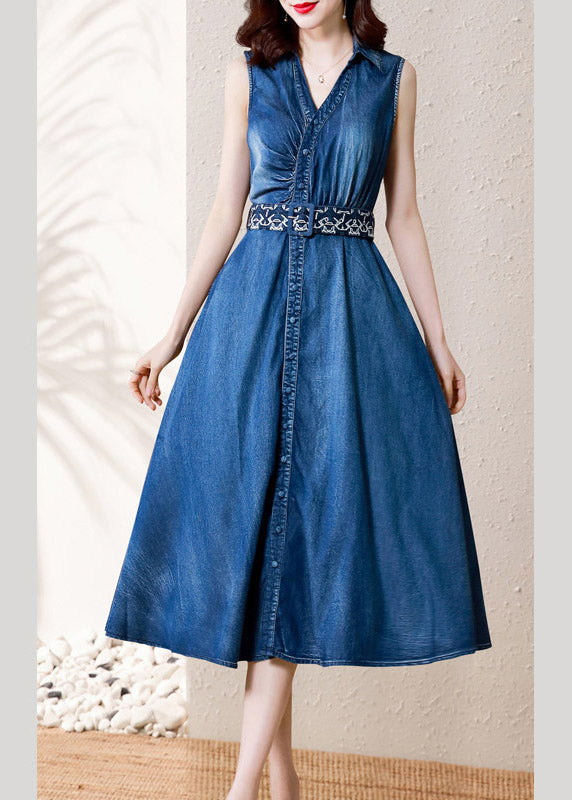 Casual Denim Blue V Neck Button Sashes Cotton Party Long Dress Summer AC2043