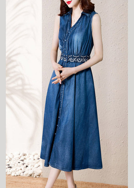 Robe longue d'été décontractée en coton, col V, boutons et ceinture, bleu denim, AC2043