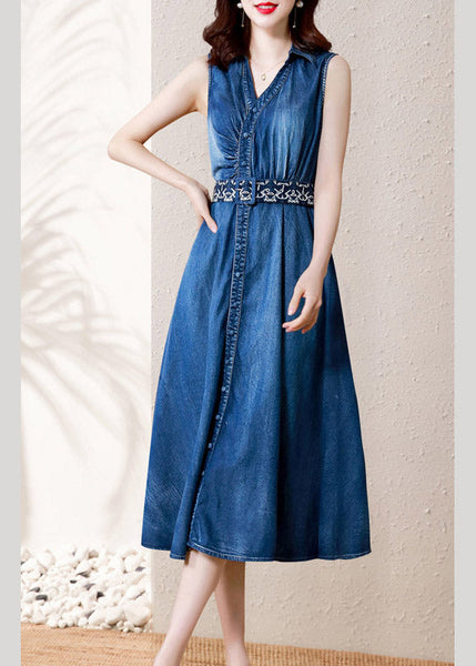 Robe longue d'été décontractée en coton, col V, boutons et ceinture, bleu denim, AC2043