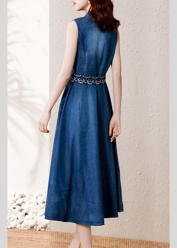 Casual Denim Blue V Neck Button Sashes Cotton Party Long Dress Summer AC2043