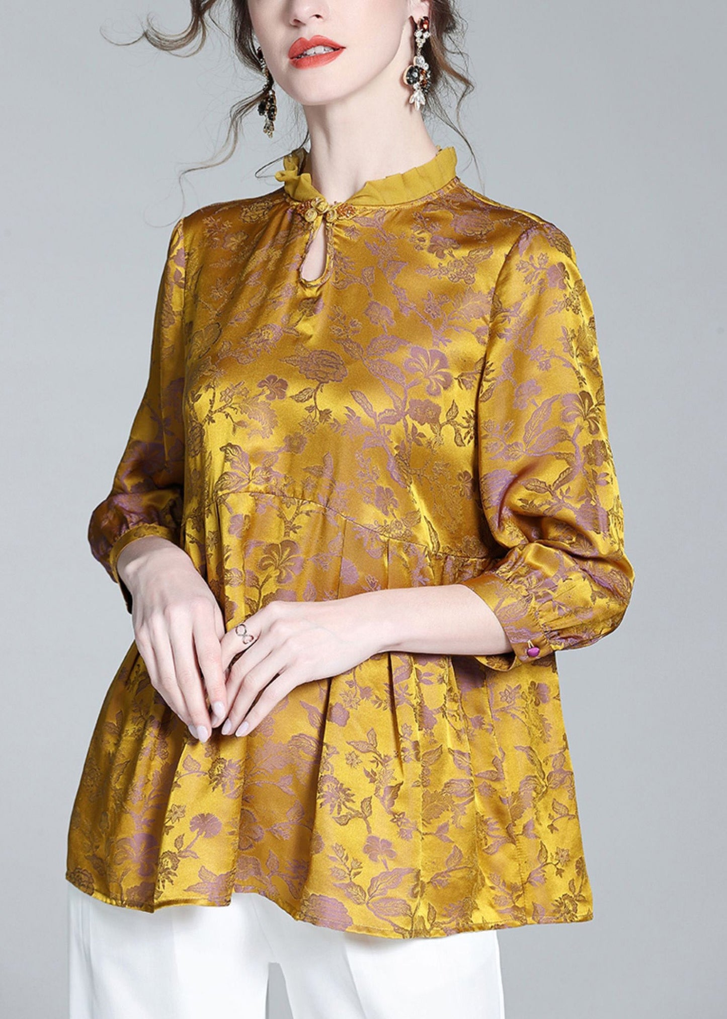 Casual Gold Stand Collar Print Button Silk Tops Long Sleeve LY0147