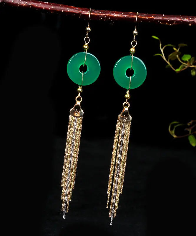 Casual Green 14K Gold Ping Buckle Chalcedony Tassel Drop Earrings Ada Fashion