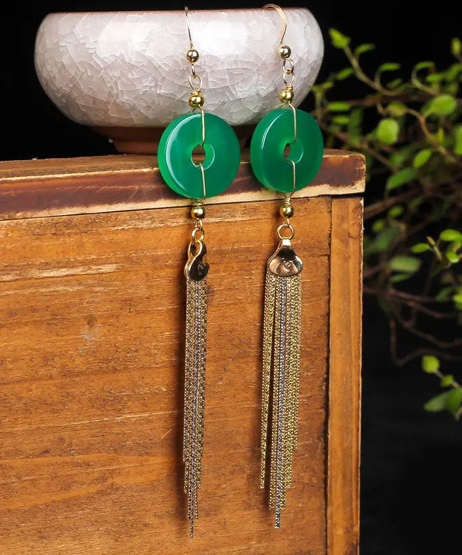 Casual Green 14K Gold Ping Buckle Chalcedony Tassel Drop Earrings Ada Fashion