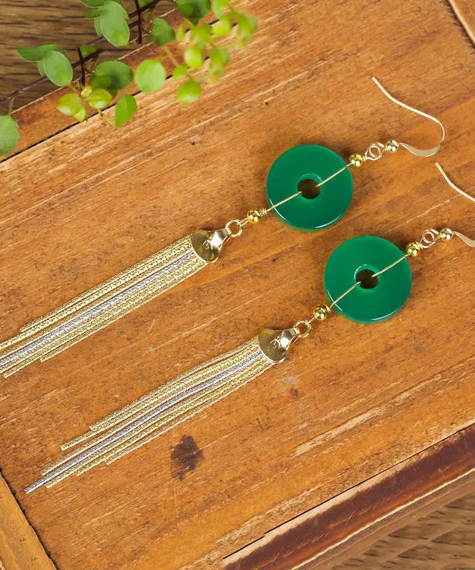 Casual Green 14K Gold Ping Buckle Chalcedony Tassel Drop Earrings Ada Fashion