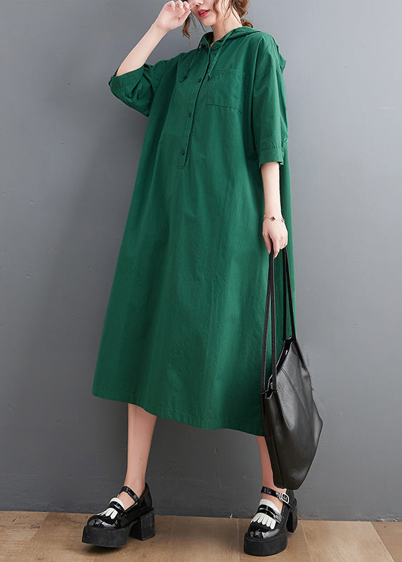 Casual Green Button Neck Tie Cotton Hooded Long Dress Summer AC2034