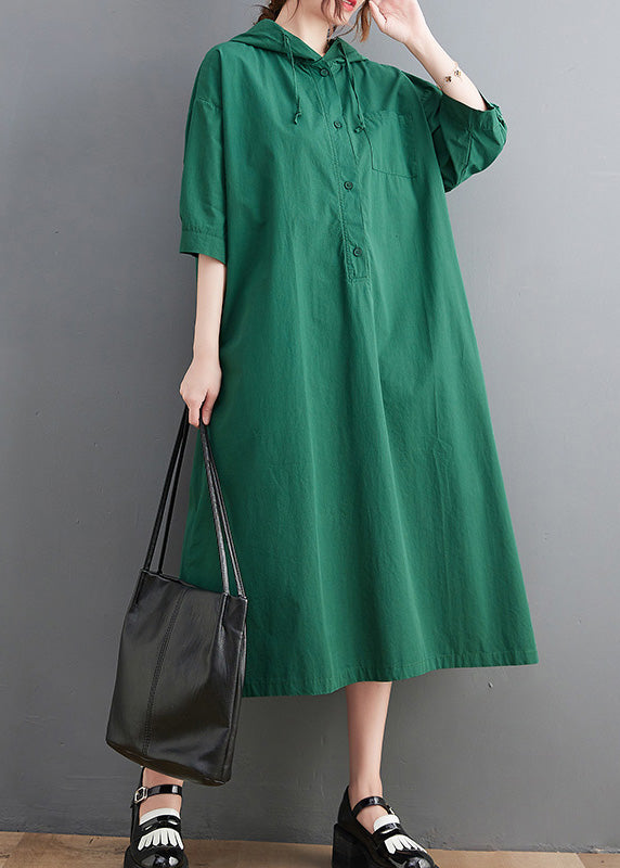 Casual Green Button Neck Tie Cotton Hooded Long Dress Summer AC2034