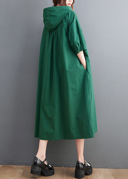 Casual Green Button Neck Tie Cotton Hooded Long Dress Summer AC2034