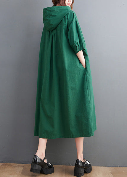 Casual Green Button Neck Tie Cotton Hooded Long Dress Summer AC2034
