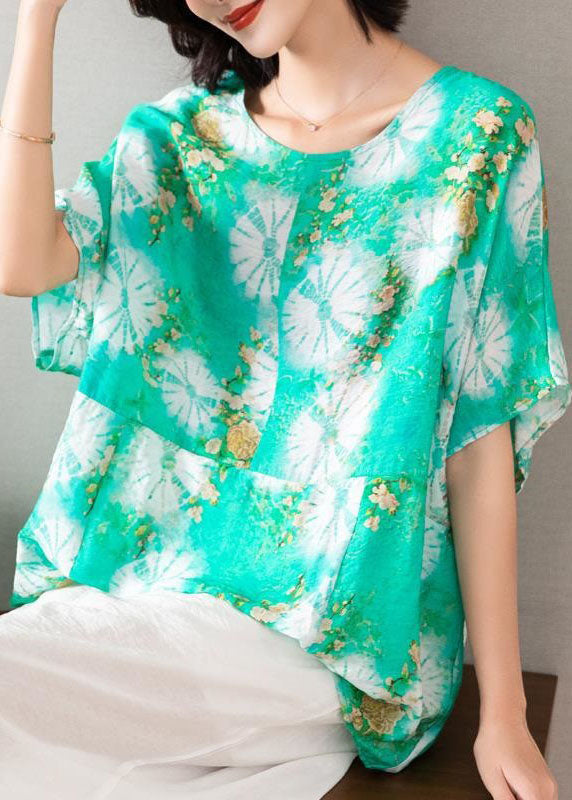 Casual Green O Neck Print Patchwork Silk Blouse Top Batwing Sleeve TI1053