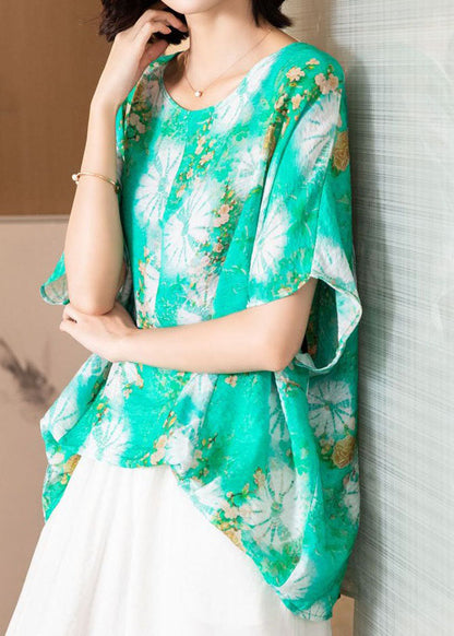 Casual Green O Neck Print Patchwork Silk Blouse Top Batwing Sleeve TI1053