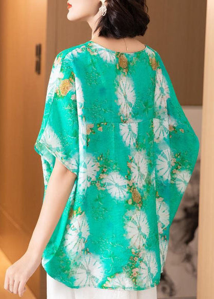 Casual Green O Neck Print Patchwork Silk Blouse Top Batwing Sleeve TI1053