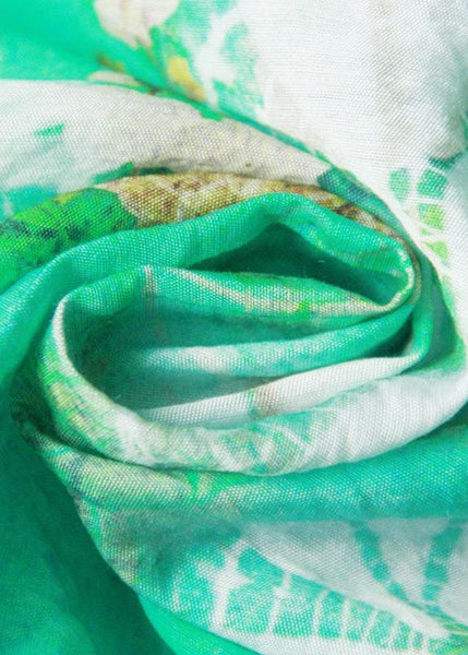 Chemisier décontracté vert à col rond imprimé patchwork en soie et manches chauve-souris TI1053