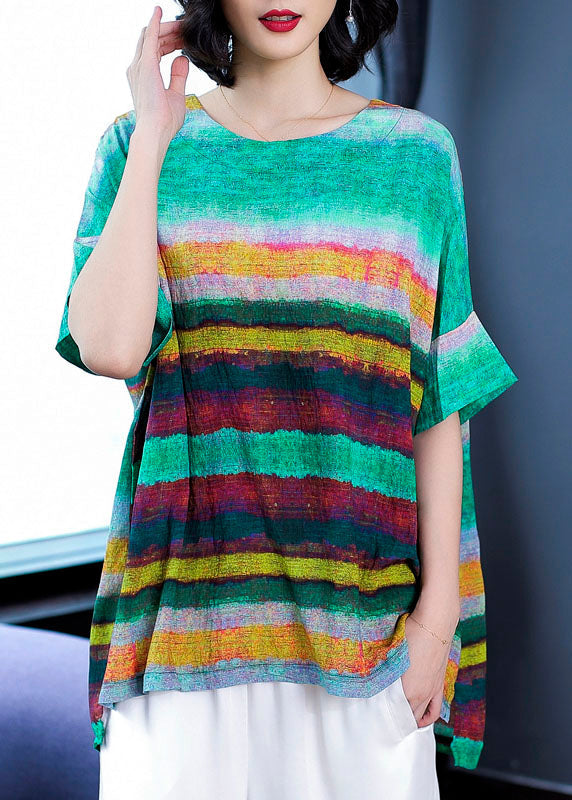 Casual Green O Neck Striped Patchwork Linen T Shirts Tops Summer TF1029