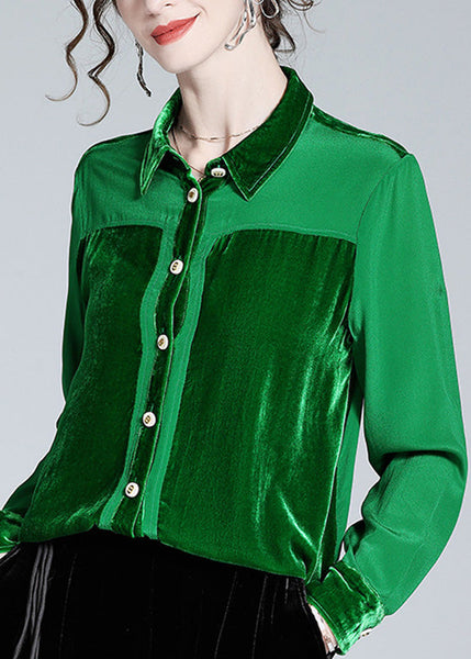 Casual Green Peter Pan Collar Patchwork Button Silk Shirt Long  Sleeve LY1043