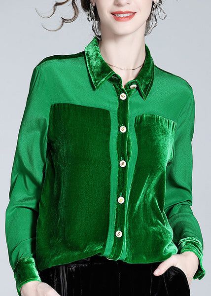 Casual Green Peter Pan Collar Patchwork Button Silk Shirt Long  Sleeve LY1043