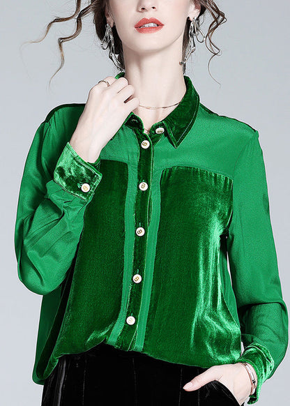 Casual Green Peter Pan Collar Patchwork Button Silk Shirt Long  Sleeve LY1043