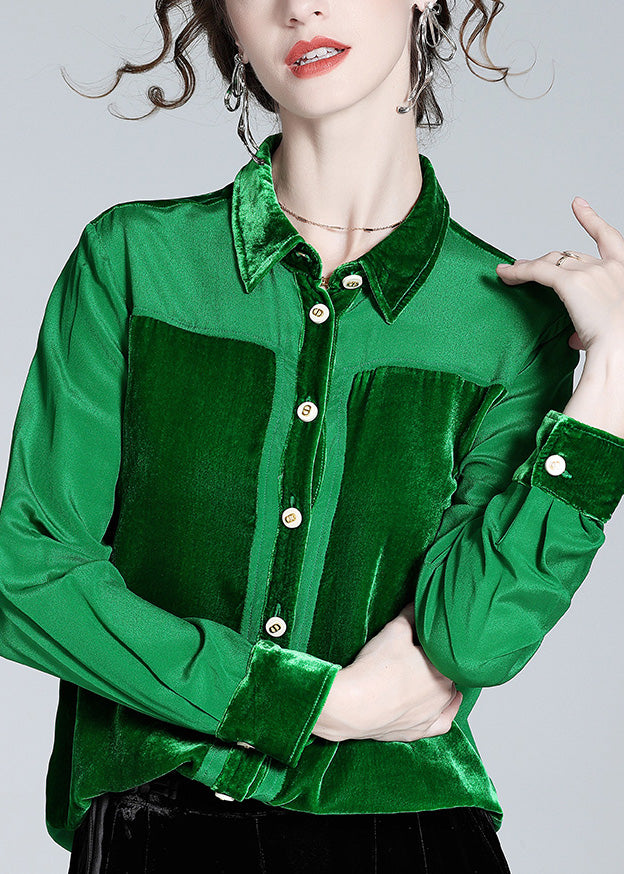 Casual Green Peter Pan Collar Patchwork Button Silk Shirt Long  Sleeve LY1043