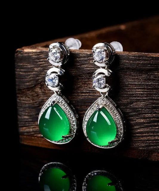 Casual Green Sterling Silver Inlaid Zircon Chalcedony Water Drop Drop Earrings Ada Fashion